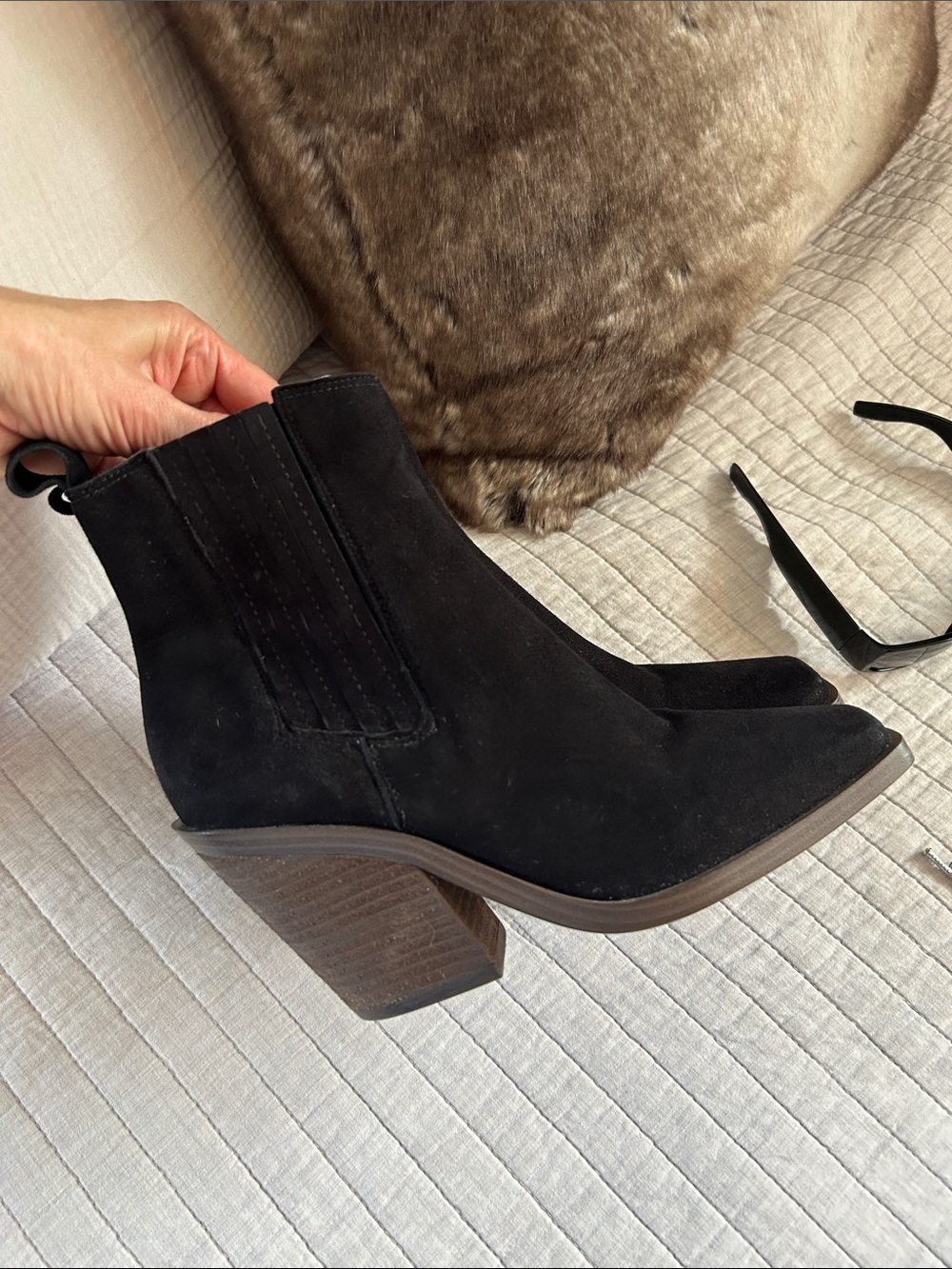 Vince Camuto Ackella Black Suede western Square Toe Bootie 7.5 - Picture 2 of 11